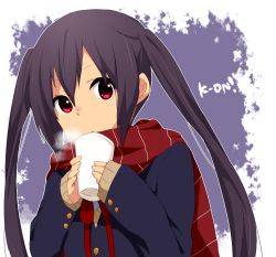 Rule 34 | 1girl, bad id, bad pixiv id, black hair, glasses, k-on!, long hair, nakano azusa, naru (andante), red eyes, scarf, school uniform, solo, steam, striped clothes, striped scarf, twintails