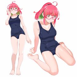 Rule 34 | 1girl, absurdres, ahoge, barefoot, blue one-piece swimsuit, breasts, glasses, green hair, highres, kantai collection, large breasts, looking at viewer, multicolored hair, multiple views, ojipon, one-piece swimsuit, pink-framed eyewear, pink hair, ponytail, red eyes, short hair, simple background, sitting, standing, streaked hair, swimsuit, ume (kancolle), wariza, white background
