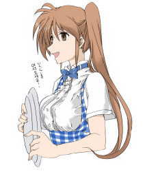 Rule 34 | 1girl, alternate costume, apron, blouse, blue bow, blue bowtie, bow, bowtie, breasts, brown eyes, brown hair, cropped torso, elf (stroll in the woods), female focus, gingham apron, graphite (medium), highres, holding, holding tray, kobeya uniform, long hair, lyrical nanoha, mahou shoujo lyrical nanoha, medium breasts, neck, plaid, ponytail, shirt, short sleeves, side ponytail, simple background, smile, solo, takamachi nanoha, teeth, tight clothes, tight shirt, traditional media, translation request, tray, upper body, upper teeth only, white background, white shirt