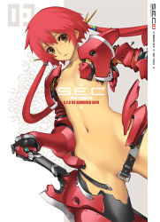 Rule 34 | 1girl, armor, black thighhighs, bottomless, breasts, censored, convenient censoring, exoskeleton, flat chest, gloves, hair ornament, hip focus, leg armor, long hair, lowres, mecha, mecha musume, nagi ryou, narrow waist, navel, nipples, no bra, no panties, orange eyes, red armor, red eyes, red hair, robot, s.e.c 03 armored skin, small breasts, solo, sword, thighhighs, twintails, weapon