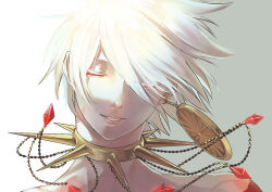 Rule 34 | 1boy, bishounen, closed eyes, collar, colored eyelashes, commentary request, earrings, eyeliner, facing viewer, fate/apocrypha, fate (series), gradient background, grey background, hair between eyes, jewelry, karna (fate), makeup, male focus, pale skin, parted lips, portrait, red eyeliner, short hair, sidelighting, single earring, sm, smile, solo, spiked collar, spikes, white background, white hair
