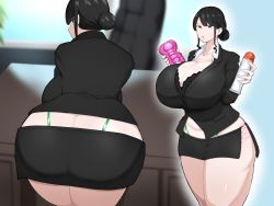Rule 34 | absurdres, artificial vagina, ass, bikini, bikini under clothes, black hair, blue eyes, blurry, blurry background, bottle, bra, breasts, collared jacket, collared shirt, commentary request, curvy, formal, from behind, fujou joshi, hair bun, highres, holding, holding bottle, huge breasts, jacket, lace, lace-trimmed bra, lace trim, looking at viewer, looking back, lube, midriff peek, mole, mole under mouth, office lady, original, parted lips, sex toy, shirt, sidelocks, single hair bun, suit, swimsuit, thick thighs, thighs, underwear