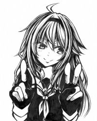 Rule 34 | 1girl, ahoge, bad id, bad pixiv id, blush, commentary request, facing viewer, fingerless gloves, gloves, greyscale, hair between eyes, hair flaps, head tilt, highres, index finger raised, kantai collection, long hair, looking away, monochrome, neckerchief, nib pen (medium), sailor collar, school uniform, serafuku, shiratsuyu (kancolle), sidelocks, simple background, solo, sweatdrop, swept bangs, todoroki, traditional media, upper body, v, whistle, whistle around neck, white background