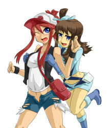 Rule 34 | 2girls, baseball cap, blue eyes, blush, boots, breasts, brown hair, cosplay, costume switch, creatures (company), game freak, gloves, grabbing, grabbing another&#039;s breast, grabbing from behind, gym leader, hat, hilda (pokemon), ka-9, long hair, multiple girls, navel, nintendo, one eye closed, open mouth, pokemon, pokemon bw, ponytail, red hair, saliva, shorts, side ponytail, simple background, skyla (pokemon), standing, standing on one leg, torn clothes, unbuttoned, undone, unzipped, vest, wink