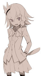 Rule 34 | 1girl, blazer, braid, cowboy shot, eyebrows, fang, folded hair, hands on own hips, jacket, looking at viewer, monochrome, open mouth, original, school uniform, shiromiso, simple background, single braid, skirt, solo, thighhighs, white background