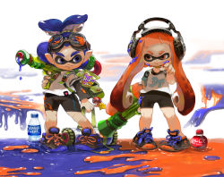 Rule 34 | 1boy, 1girl, bike shorts, blue eyes, blue hair, bottle, clothes writing, goggles, goggles on head, headphones, ink tank (splatoon), inkling, inkling boy, inkling girl, inkling player character, layered sleeves, long sleeves, mario (series), minato (minat0), monster boy, monster girl, nintendo, orange eyes, orange hair, paint, pointy ears, puddle, shoes, short over long sleeves, short sleeves, smile, splatoon (series), splatoon 1, splattershot (splatoon), super mushroom, super soaker, super star (mario), tentacle hair