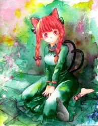 Rule 34 | 1girl, animal ears, ankle lace-up, barefoot, bow, braid, cat, cat ears, cat tail, cross-laced footwear, extra ears, female focus, hair bow, kaenbyou rin, multiple tails, painting (medium), red eyes, red hair, shiroaisa, sitting, solo, tail, touhou, traditional media, twin braids, twintails, wariza, watercolor (medium)