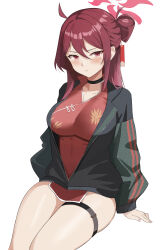 Rule 34 | 1girl, absurdres, ahoge, akagi koku, black choker, black jacket, blue archive, blush, breasts, china dress, chinese clothes, choker, closed mouth, dress, frown, hair bun, half updo, halo, highres, impossible clothes, impossible dress, jacket, large breasts, legs, long hair, long sleeves, looking at viewer, mole, mole on chest, mole on thigh, mole under eye, open clothes, open jacket, pelvic curtain, red dress, red eyes, red hair, reijo (blue archive), short dress, sidelocks, simple background, sitting, skindentation, solo, thigh strap, thighs, unzipped, v-shaped eyebrows, white background