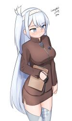 Rule 34 | 1girl, absurdres, alternate costume, breasts, brown dress, brown skirt, commentary request, dated, dress, fuyutsuki (kancolle), gloves, grey eyes, grey hair, grey thighhighs, half gloves, highres, kantai collection, long hair, maru (marg0613), medium breasts, one-hour drawing challenge, pencil skirt, simple background, single glove, skirt, solo, thighhighs, twitter username, very long hair, white background