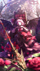 Rule 34 | 1girl, adapted costume, alternate costume, armchair, ascot, bat wings, blurry, bow, chair, depth of field, flower, gears, hat, hat ribbon, highres, looking at viewer, mob cap, parted lips, polearm, purple hair, red eyes, remilia scarlet, ribbon, rose, ryosios, short hair, sitting, solo, spear, spear the gungnir, throne, touhou, weapon, wings