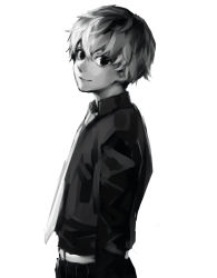 Rule 34 | 1boy, belt, black shirt, collared shirt, from side, grey background, greyscale, male focus, monochrome, multicolored hair, necktie, pants, sasaki haise, shiromi (ringo), shirt, short hair, simple background, smile, solo, striped clothes, striped pants, tokyo ghoul, tokyo ghoul:re, two-tone hair