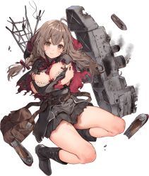 Rule 34 | 1girl, bag, belt, belt buckle, black footwear, black skirt, boots, braid, breasts, brown belt, brown eyes, brown hair, buckle, hair ribbon, kantai collection, large breasts, long hair, long sleeves, machinery, multicolored clothes, official art, parsley-f, pleated skirt, red hood, red ribbon, ribbon, shinshuumaru (kantai collection), skirt, solo, torn clothes, transparent background, turret, twin braids