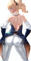Rule 34 | 1girl, ass, ass grab, bare shoulders, blonde hair, blue eyes, blush, breasts, capelet, deep skin, detached sleeves, genshin impact, grabbing own ass, highres, huge ass, jean (genshin impact), large breasts, long hair, looking to the side, pants, ponytail, shiny clothes, shiny skin, shirt, solo, strapless, strapless shirt, uenoryoma, white pants, white shirt