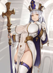Rule 34 | 1girl, backlighting, breasts, bridal gauntlets, cape, covered navel, dress, hand on own chest, hat, highres, houtengeki, large breasts, long hair, long sleeves, looking at viewer, original, parted lips, pelvic curtain, silver hair, smile, solo, staff, thighs, white cape, white dress, white legwear, yellow eyes