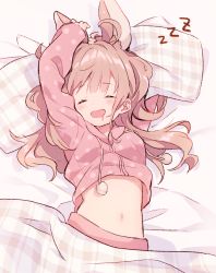 Rule 34 | 1girl, :d, animal ears, arms up, bed sheet, blush, brown hair, closed eyes, commentary request, drawstring, drooling, facing viewer, jacket, kurokuma (kuro kumagaya), long hair, long sleeves, lying, navel, on back, open mouth, original, pillow, pink jacket, plaid, polka dot, polka dot jacket, pom pom (clothes), rabbit ears, sleeping, sleeves past wrists, smile, solo, stomach, under covers, zzz