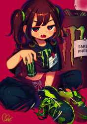 Rule 34 | 1girl, absurdres, black pants, black shirt, blush stickers, can, crop top, energy drink, fang, highres, holding, holding can, huge filesize, id card, long hair, midriff, moai (more e 4km), mole, mole under mouth, monster energy, navel, open mouth, original, pants, red background, red eyes, shirt, shoes, short sleeves, signature, simple background, sitting, sneakers, solo, two side up