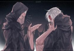 Rule 34 | 2boys, :d, amaurot, androgynous, emet-selch, final fantasy, final fantasy xiv, from side, hood, hood down, hythlodaeus, mask, multiple boys, open mouth, profile, smile, sophist&#039;s robe (ff14), tladpwl03, white hair