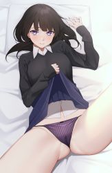 Rule 34 | 1girl, bed sheet, black hair, black shirt, blue skirt, blunt bangs, bow, bow panties, cameltoe, closed mouth, collared shirt, come hither, eyebrows hidden by hair, gluteal fold, hand up, highleg, highleg panties, highres, kuen (kuennn12), lifting own clothes, looking at viewer, lying, on back, original, panties, pillow, purple eyes, purple panties, shirt, shirt under shirt, skirt, smile, solo, spread legs, striped clothes, striped panties, thighs, underwear, vertical-striped clothes, vertical-striped panties