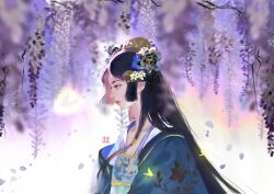 Rule 34 | 1girl, black hair, brown hair, bug, butterfly, chinese clothes, colored inner hair, flower, glowing butterfly, hair ornament, hanfu, insect, long hair, multicolored hair, original, pink hair, profile, solo, two-tone hair, user43225nadhcb, wisteria, yellow butterfly