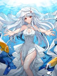 Rule 34 | 1girl, artist name, bad id, bad pixiv id, breasts, chain, cleavage, day, dress, fish, highres, long hair, looking at viewer, original, outstretched arms, red eyes, risem, solo, sunlight, tropical fish, underwater, very long hair, white dress
