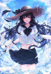 Rule 34 | 1girl, :d, absurdres, black bow, black bowtie, black hair, black ribbon, black skirt, blue sky, blush, bow, bowtie, breasts, cloud, cropped shirt, crystalherb, day, feathers, floating hair, hat, hat ribbon, highres, huge filesize, long hair, looking at viewer, medium breasts, miniskirt, open mouth, original, outdoors, pleated skirt, red eyes, ribbon, sailor collar, school uniform, serafuku, shirt, skirt, skirt hold, sky, smile, solo, straw hat, very long hair, wading, water drop, wet, wet clothes, white shirt, wind