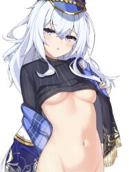 Rule 34 | 1girl, black shirt, blue eyes, blue headwear, breasts, character request, clothes lift, girls&#039; frontline neural cloud, grey hair, lancer (worudrleh1), long hair, looking at viewer, md5 mismatch, medium breasts, navel, no bra, open clothes, open mouth, out-of-frame censoring, resolution mismatch, shirt, shirt lift, solo, source larger, stomach, striped clothes, striped shirt, triangle mouth, underboob, upper body, vertical-striped clothes, vertical-striped shirt