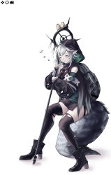 Rule 34 | 1girl, absurdres, arknights, bare shoulders, bird, black footwear, black thighhighs, boots, closed eyes, commentary, crocodilian tail, english commentary, high heel boots, high heels, highres, holding, holding staff, hood, large tail, pointy ears, short hair, silver hair, simple background, sitting, sleeping, solo, staff, tail, thighhighs, thighs, tomimi (arknights), white background, xiaobei, zettai ryouiki, zzz