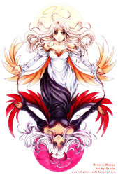 Rule 34 | 1girl, angel and devil, bare shoulders, borrowed character, breasts, choker, cleavage, collarbone, detached sleeves, dress, dual persona, halo, horns, jewelry, long hair, long sleeves, mina (meago), necklace, original, puffy sleeves, red-priest-usada, solo, upside-down, watermark, white hair
