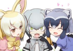 Rule 34 | 10s, 3girls, :d, ^ ^, animal ears, artist name, black gloves, black hair, black ribbon, black skirt, blonde hair, blue shirt, blush, bow, breast pocket, brown eyes, cellphone, closed eyes, collared shirt, commentary request, common raccoon (kemono friends), eyelashes, facing viewer, fang, fennec (kemono friends), fox ears, fur collar, gloves, gradient hair, green eyes, grey hair, grey necktie, grey shirt, hair between eyes, hand on another&#039;s shoulder, hand up, heart, iphone x, jitome, jpeg artifacts, kemono friends, looking at another, looking at viewer, low ponytail, multicolored hair, multiple girls, neck ribbon, necktie, open mouth, orange hair, phone, pink sweater, pleated skirt, pocket, puffy short sleeves, puffy sleeves, raccoon ears, reverse x-ray, ribbon, sanpaku, shirt, shoebill (kemono friends), short-sleeved sweater, short sleeves, side ponytail, simple background, skirt, sleeve cuffs, smartphone, smile, sweater, tansan daisuki, tsurime, two-tone hair, upper body, white background, yellow bow, |d