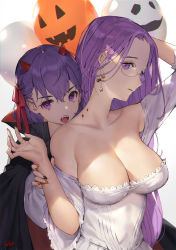 Rule 34 | 2girls, alternate costume, arm up, balloon, bare shoulders, bat earrings, bb (fate), bb (fate) (all), bb (swimsuit mooncancer) (fate), bite mark, black cape, black nails, blood, breasts, cape, cleavage, collarbone, commentary, dress, earrings, fangs, fate/grand order, fate (series), female focus, glasses, hair between eyes, hair ribbon, halloween, hand up, holding another&#039;s wrist, horns, jack-o&#039;-lantern, jack-o&#039;-lantern earrings, jewelry, large breasts, light purple hair, long hair, looking at viewer, medusa (fate), medusa (rider) (fate), multicolored nails, multiple girls, nail polish, neck, off-shoulder dress, off shoulder, open mouth, orange nails, purple eyes, purple hair, ribbon, shade, symbol-only commentary, type-moon, vampire, vampire costume, white dress, whoisshe, yuri