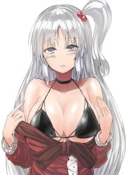 Rule 34 | 1girl, bare shoulders, bikini, bikini under clothes, black bikini, black choker, blush, breasts, choker, cleavage, collarbone, dress, hair bobbles, hair ornament, large breasts, long hair, long sleeves, looking at viewer, off shoulder, one side up, parted lips, red dress, shinki (touhou), silver hair, simple background, solo, swimsuit, touhou, touhou (pc-98), undressing, upper body, very long hair, white background, y2