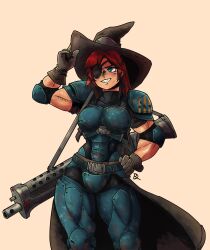 Rule 34 | adjusting clothes, adjusting headwear, armor, assault rifle, eyepatch, gloves, green eyes, gun, hat, highres, kabewski, long hair, muscular, muscular female, original, pauldrons, red hair, rifle, shoulder armor, signature, skirt, smile, teeth, weapon, witch, witch hat