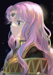 Rule 34 | 1girl, blue eyes, circlet, fire emblem, fire emblem: thracia 776, highres, kyufe, light rays, long hair, looking to the side, nintendo, parted bangs, portrait, purple hair, sara (fire emblem), simple background, solo, solo focus, wavy hair