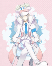 Rule 34 | 1boy, blue necktie, blush, chair, closed mouth, coat, collared shirt, commentary request, creatures (company), crossed legs, dabu (dabuchan), emmet (pokemon), flower, game freak, gloves, grey eyes, grey hair, hat, looking at viewer, male focus, necktie, nintendo, open clothes, open coat, pants, peaked cap, pokemon, pokemon bw, shirt, shoes, short hair, sideburns, sitting, smile, solo, veil, white coat, white footwear, white gloves, white hat, white pants, white shirt