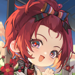 Rule 34 | 1girl, absurdres, blue sky, chibi, chixia (wuthering waves), flower, headband, highres, open mouth, outdoors, red eyes, red flower, red hair, short hair, sky, waving, wuthering waves, yuden6969