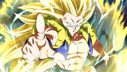 Rule 34 | 1boy, abs, aged up, aqua eyes, aura, blonde hair, dragon ball, electricity, gotenks, grin, hand on own hip, looking at viewer, male focus, metamoran vest, muscular, muscular male, no eyebrows, pointing, pointing at viewer, rom (20), sash, smile, solo, spiked hair, super saiyan, super saiyan 3