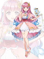 Rule 34 | 1girl, absurdres, blue eyes, blue hair, blue nails, commentary request, dress, floating, full body, gradient hair, highres, iriam, jewelry, legs, long hair, looking at viewer, multicolored hair, necklace, open mouth, pink corset, pink eyes, pink footwear, pink hair, puffy short sleeves, puffy sleeves, shinishi chiho, shoes, short sleeves, solo, tokiwa yuki, two-tone eyes, two-tone hair, virtual youtuber, white dress, zoom layer