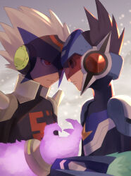 Rule 34 | 2boys, absurdres, brown eyes, brown hair, claws, commentary request, eye contact, geo stelar (mega man), grey hair, highres, looking at another, male focus, medium hair, mega man (series), mega man star force, multiple boys, nana choco, omega-xis (mega man), red eyes, rogue (mega man), short hair, upper body