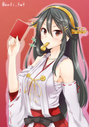 Rule 34 | 10s, 1girl, anti (untea9), blush, card, commentary request, hair ornament, hairband, hairclip, haruna (kancolle), highres, holding, holding card, japanese clothes, kantai collection, long hair, red background, ribbon-trimmed sleeves, ribbon trim, sarashi, simple background, solo, twitter username, whistle, whistling