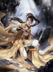 Rule 34 | 1girl, brown eyes, brown footwear, chinese clothes, cloud, dark clouds, earrings, full body, hair ornament, highres, holding, holding sword, holding weapon, jewelry, jin pinger (zhu xian), light rays, long sleeves, looking to the side, on one knee, pants, parted lips, ponytail, qiao zhong xie, sash, second-party source, solo, sword, teeth, weapon, white pants, zhu xian