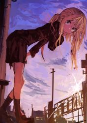 Rule 34 | 1girl, absurdres, adjusting hair, black skirt, blonde hair, female focus, highres, kaamin (mariarose753), kantai collection, leaning forward, looking at viewer, outdoors, satsuki (kancolle), skirt, socks, solo, sunset, twintails