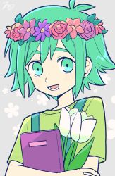 Rule 34 | 1boy, antenna hair, basil (headspace) (omori), basil (omori), book, hugging book, commentary request, floral background, flower, green eyes, green hair, head wreath, highres, holding, holding book, hugging object, male focus, open mouth, original, signature, smile, solo, tsunoji, tulip, upper body