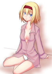 Rule 34 | 1girl, alice margatroid, bad id, bad pixiv id, blonde hair, blue eyes, breasts, covered erect nipples, female focus, gradient background, hairband, inu3, open clothes, open shirt, panties, shirt, short hair, small breasts, solo, touhou, underwear