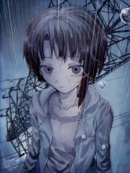 Rule 34 | 1girl, asymmetrical hair, cloud, cloudy sky, commentary, english commentary, expressionless, hair ornament, hairclip, highres, iwakura lain, jacket, looking at viewer, mohato official, open clothes, open jacket, power lines, rain, serial experiments lain, short hair, single sidelock, sky, solo, transmission tower, upper body, upside-down, water drop, wet, wet clothes, wet hair, wet lens, x hair ornament