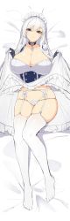 Rule 34 | 1girl, absurdres, azur lane, bed sheet, belfast (azur lane), braid, breasts, broken, broken chain, chain, chixiao, choker, cleavage, clothes lift, collar, collarbone, commentary request, dress, french braid, frilled skirt, frills, from above, garter belt, garter straps, gloves, hair between eyes, highres, holding, holding clothes, holding skirt, large breasts, long hair, looking at viewer, lying, maid, maid headdress, on back, panties, purple eyes, silver hair, skirt, skirt lift, smirk, solo, swept bangs, thighhighs, thighs, underwear, white panties, white thighhighs