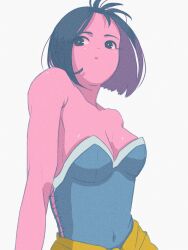Rule 34 | 1girl, 4.5j, bare shoulders, black hair, breasts, dress, gensou suikoden, gensou suikoden iv, highres, looking at viewer, looking to the side, medium breasts, mizuki (suikoden), open mouth, short hair, simple background, solo, turning head, white background