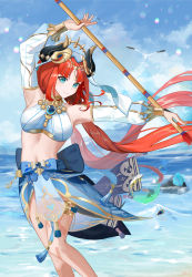 Rule 34 | 1girl, absurdres, arms up, bare shoulders, bird, blue sky, breasts, circlet, closed mouth, cloud, commentary request, crop top, day, detached sleeves, feet out of frame, floating hair, forehead jewel, genshin impact, gold trim, highres, holding, jewelry, long hair, long sleeves, meaow, medium breasts, navel, neck ring, nilou (genshin impact), ocean, outdoors, parted bangs, pelvic curtain, puffy long sleeves, puffy sleeves, red hair, see-through, skirt, sky, smile, solo, stomach, thighlet, thighs, vambraces, veil, vision (genshin impact), water