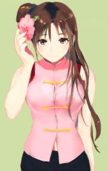 Rule 34 | 160, 1girl, arm up, asymmetrical hair, bare arms, blush, breasts, brown eyes, brown hair, chinese clothes, closed mouth, facing viewer, flower, hair bun, hair down, hair flower, hair ornament, hand up, happy, large breasts, long hair, looking at viewer, matching hair/eyes, naruto, naruto (series), pants, pink flower, pink shirt, shirt, simple background, single hair bun, sleeveless, sleeveless shirt, smile, solo, standing, tenten (naruto), upper body