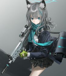 Rule 34 | 1girl, animal ear fluff, animal ears, assault rifle, bag, blue archive, blue eyes, blue scarf, cowboy shot, expressionless, grey background, grey hair, grey skirt, gun, halo, highres, holding, holding gun, holding weapon, infukun, jacket, long hair, open clothes, open jacket, plaid, plaid skirt, rifle, scarf, shiroko (blue archive), shoulder bag, sig sauer 556, skirt, solo, weapon, wolf ears