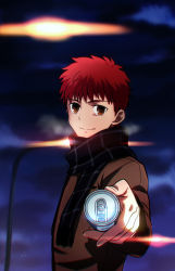 Rule 34 | 1boy, brown eyes, can, canned coffee, drink can, emiya shirou, fate/stay night, fate (series), lamppost, male focus, night, night sky, offering drink, red hair, scarf, sky, smile, solo, sunday31